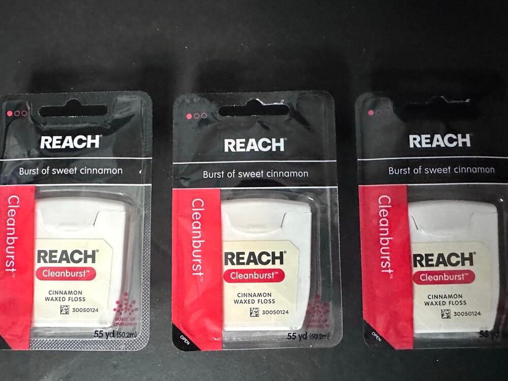 3 PACK Reach Waxed Dental Floss Cleanburst Cinnamon 55 Yards each pack